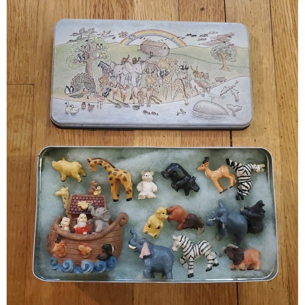 VTG Ganz Noahs Ark Christianity Resin Hinged Figurine With Mini Animals & Tin